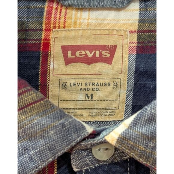 Levi's Men's Medium Western Cowboy Pearl Snap Plaid Long Sleeve Shirt Blue Rust - Picture 4 of 6